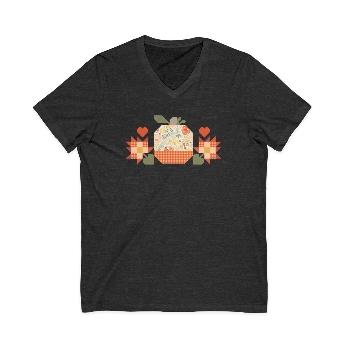 Falling for Fall patchwork pumpkin with quilt-block stars and hearts on a V-neck t-shirt in dark grey heather, front view – Kate Spain design for Pat Sloan