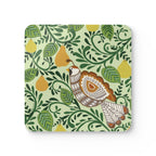 Partridge cork-backed coaster, folk-art partridge among golden pears and patterned leaves on sage green, single coaster, top view – Kate Spain design