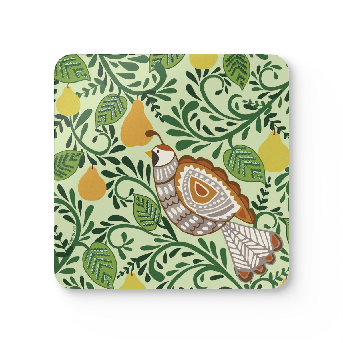 Partridge cork-backed coaster, folk-art partridge among golden pears and patterned leaves on sage green, single coaster, top view – Kate Spain design