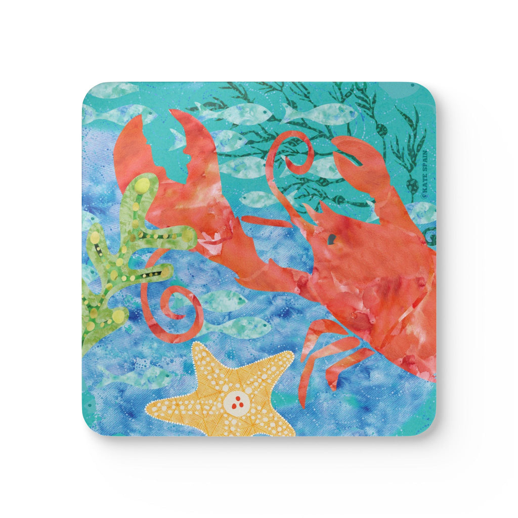 Oceana Lobster cork-backed coaster, red lobster, starfish and sea grass on watercolor blue ocean, single coaster, top view – Kate Spain design