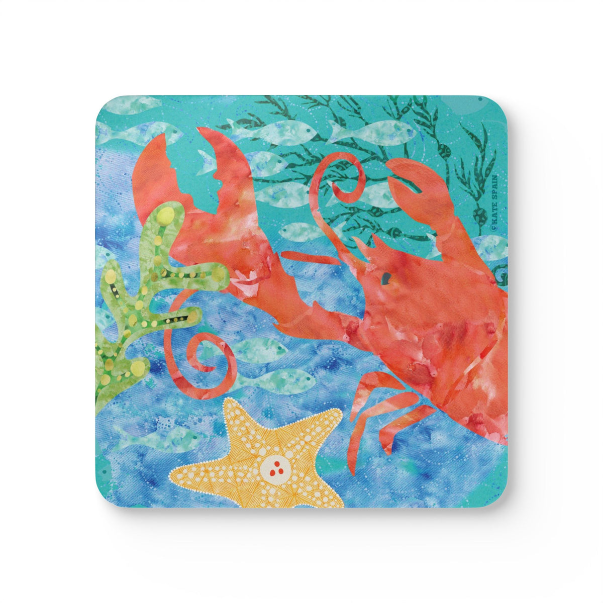 Oceana Lobster cork-backed coaster, red lobster, starfish and sea grass on watercolor blue ocean, single coaster, top view – Kate Spain design