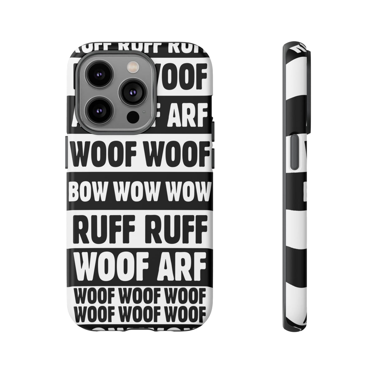 Law of the Paw® Woof Woof phone case with black-and-white WOOF, ARF and BOW WOW lettering for iPhone 14 Pro, matte finish, back view – Kate Spain design