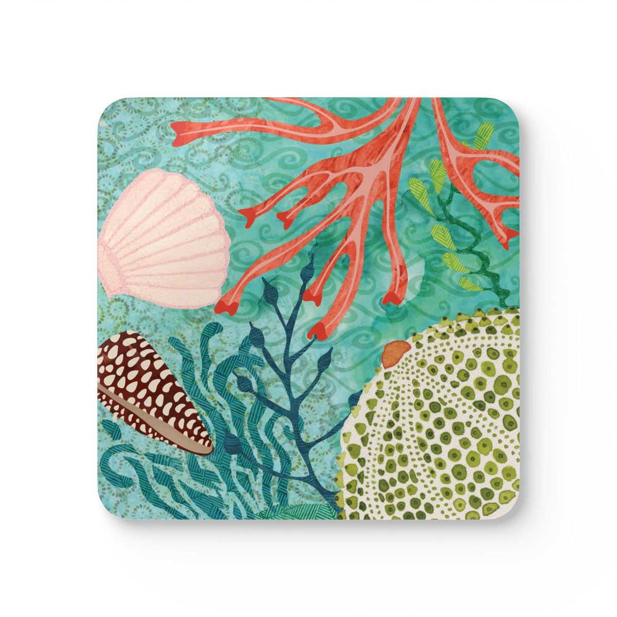 Oceana Shells cork-backed coaster, scallop and cone shells with red coral and seaweed on aqua, single coaster, top view – Kate Spain design