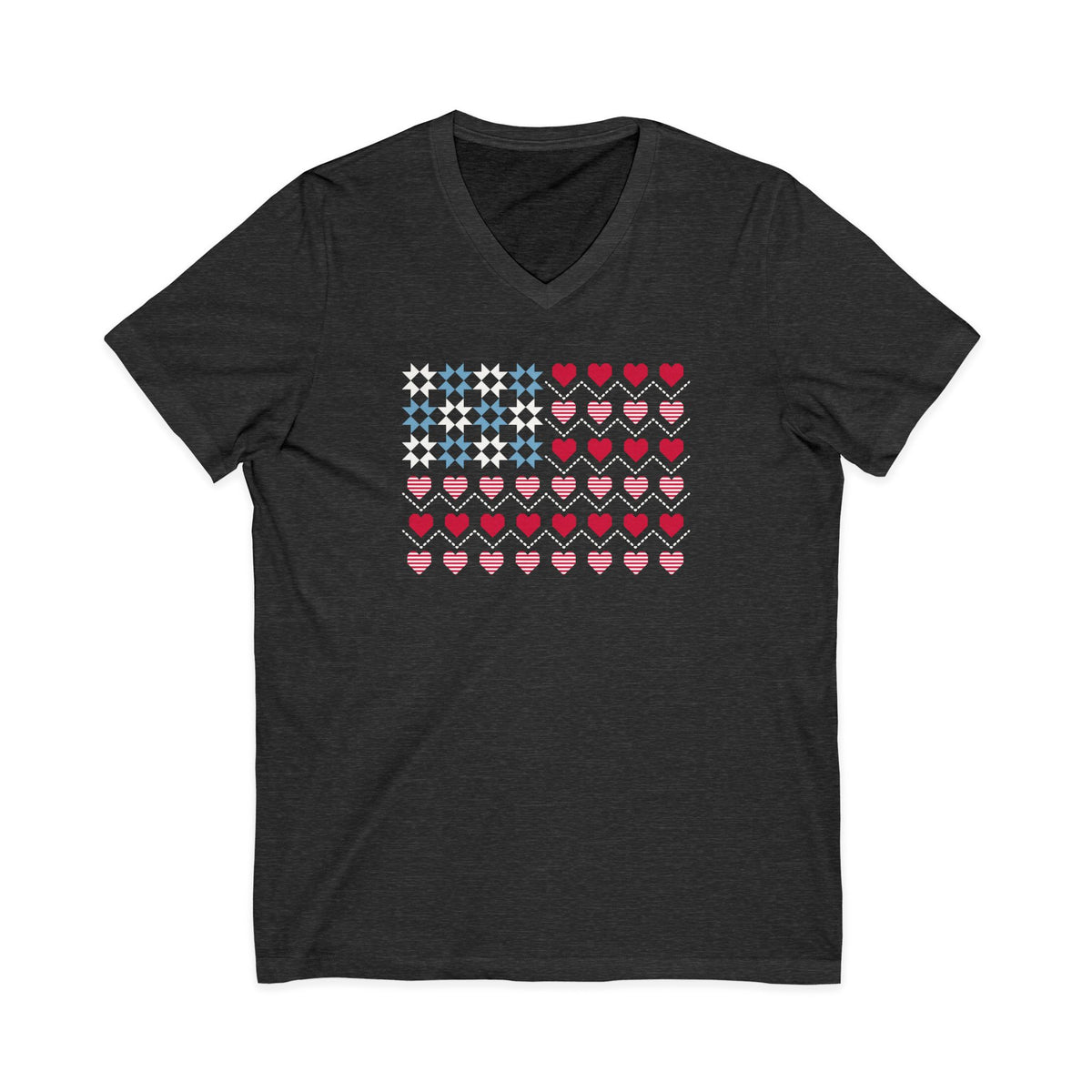 United We Quilt patchwork flag with quilt-block stars and heart stripes on a V-neck t-shirt in dark grey heather, front view – Kate Spain design for Pat Sloan
