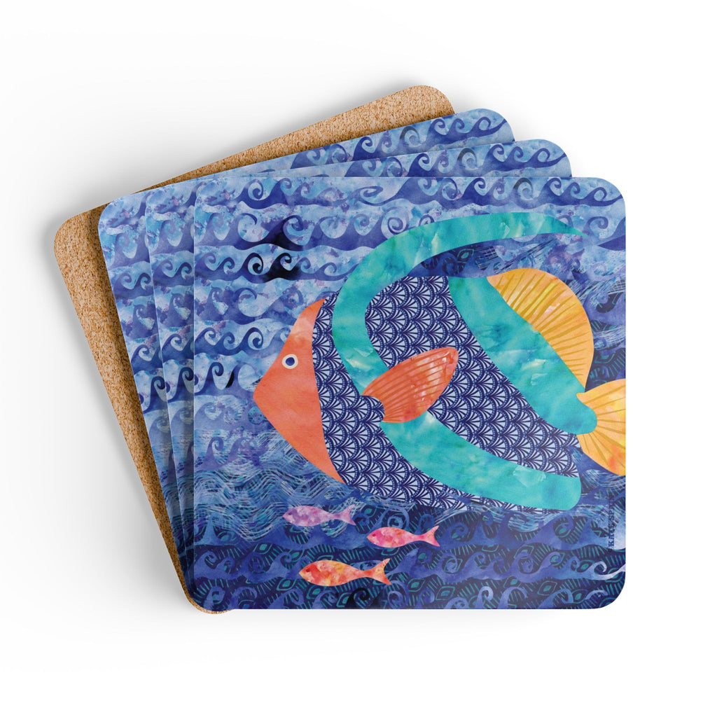 Oceana Fish cork-backed coaster set of four, teal, orange and gold tropical fish on swirling blue waves, coasters fanned out – Kate Spain design