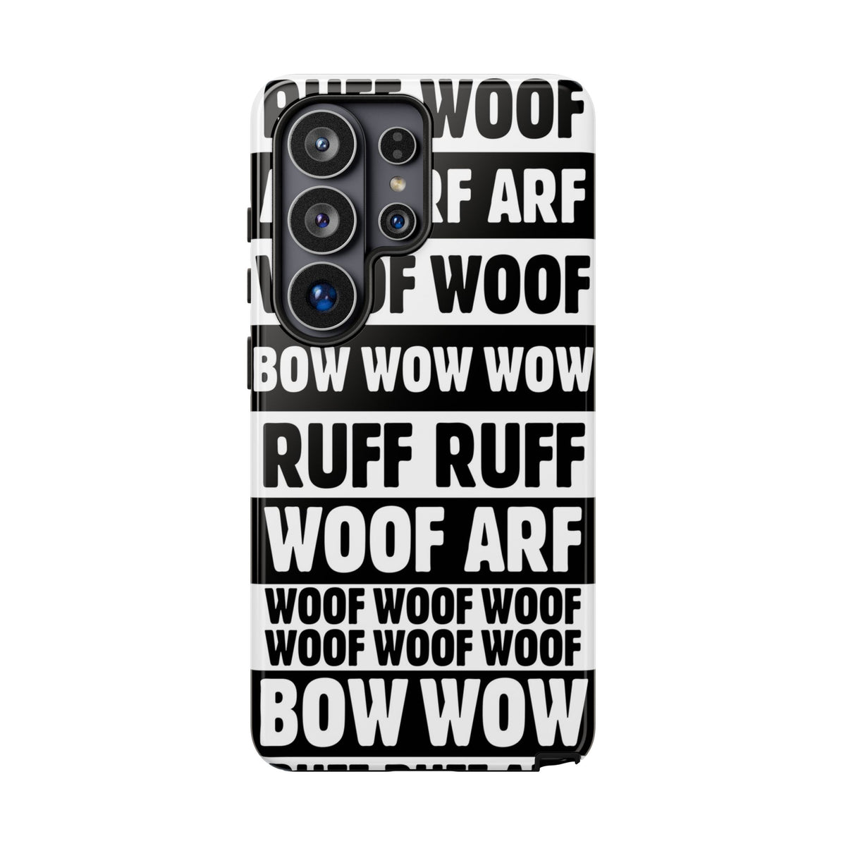 Law of the Paw® Woof Woof phone case with black-and-white WOOF, ARF and BOW WOW lettering for Samsung Galaxy S26 Ultra, glossy finish, back view – Kate Spain design