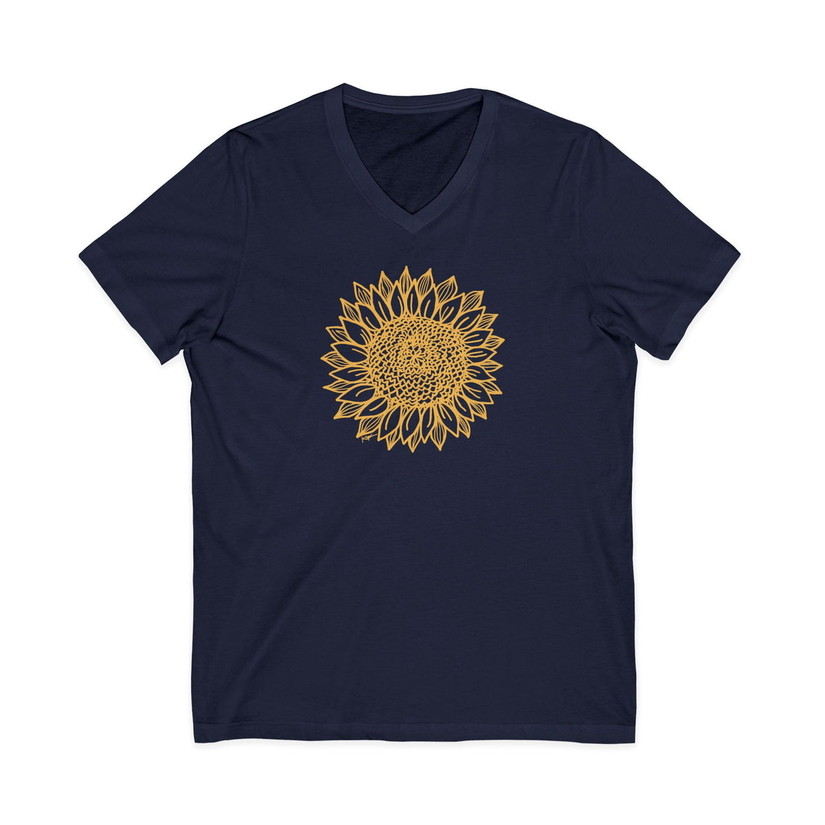Gold botanical line-art sunflower on a V-neck t-shirt in navy, front view – Sunflower by Kate Spain