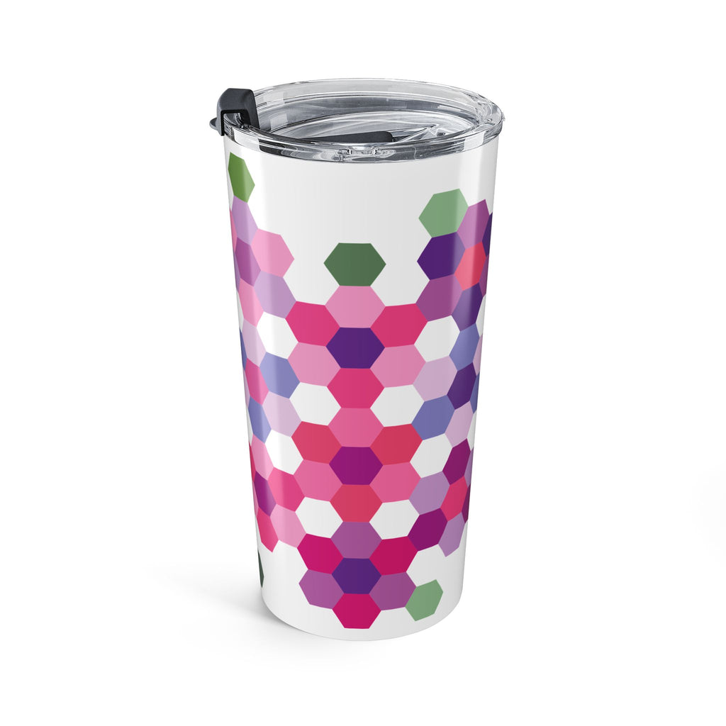 20 oz stainless steel tumbler wrapped in Pink GeoFlora hexagon flowers, alternate side view – Kate Spain design for Pat Sloan