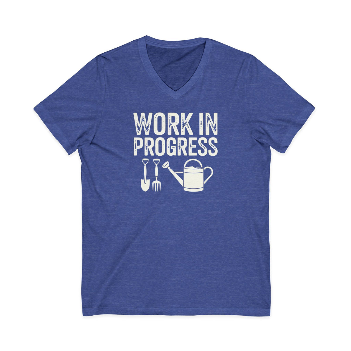 Garden Work in Progress distressed lettering with a shovel, pitchfork and watering can on a V-neck t-shirt in heather true royal, front view – Kate Spain design