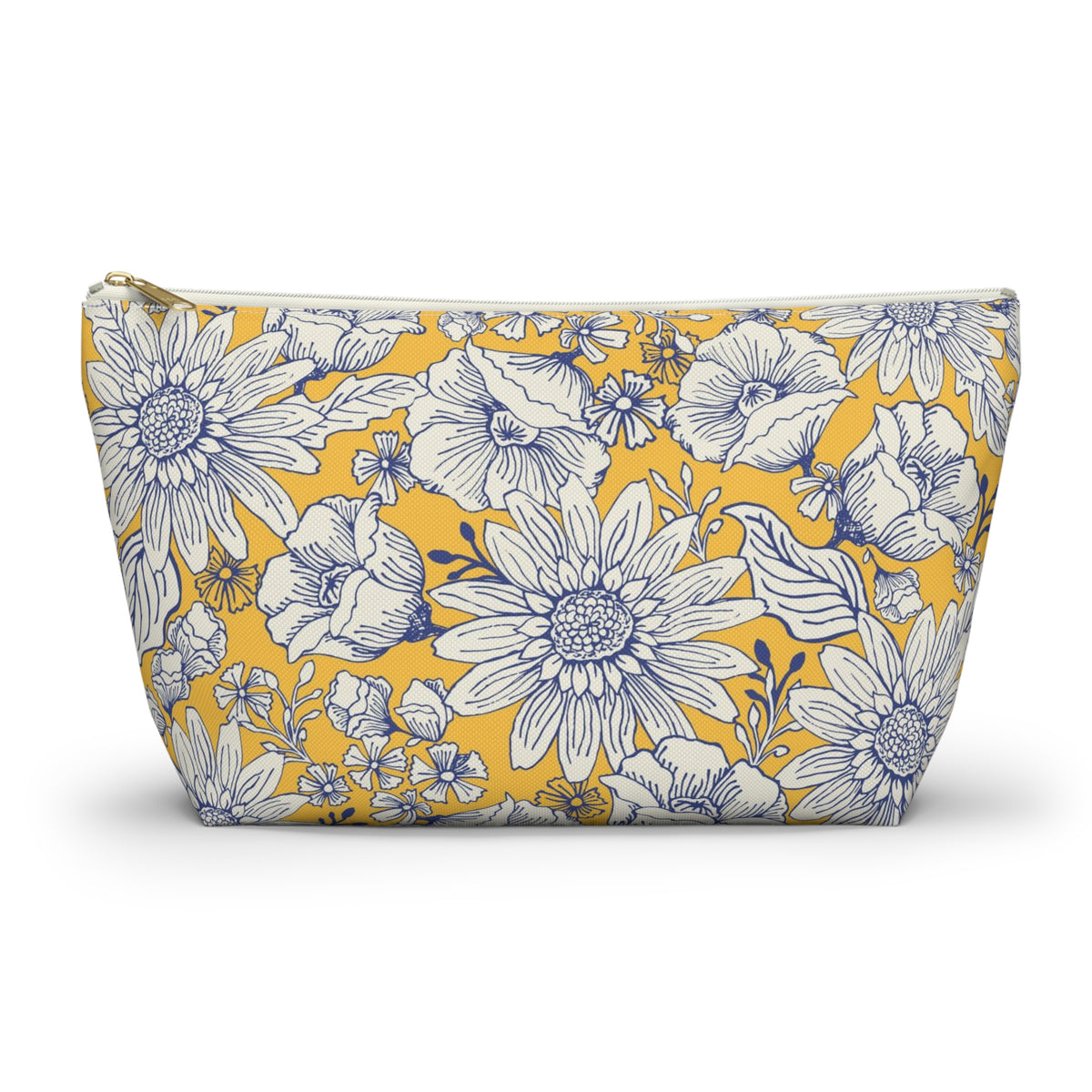 A rectangular zippered pouch with a yellow background and a blue floral print, shown on a clean white background.