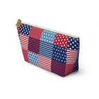 United We Quilt zip pouch in red, white and blue patchwork, angled view – Kate Spain design for Pat Sloan