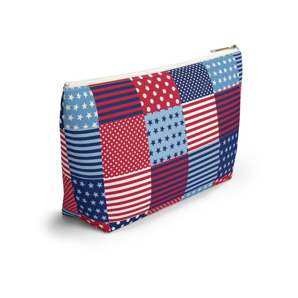 United We Quilt zip pouch in red, white and blue patchwork, angled view – Kate Spain design for Pat Sloan