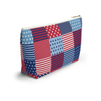 United We Quilt zip pouch in red, white and blue patchwork, angled view – Kate Spain design for Pat Sloan
