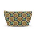 Zip pouch with golden sunflowers and green leaves on navy, white zipper, front view – Kate Spain design