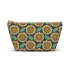 Zip pouch with golden sunflowers and green leaves on navy, white zipper, front view – Kate Spain design