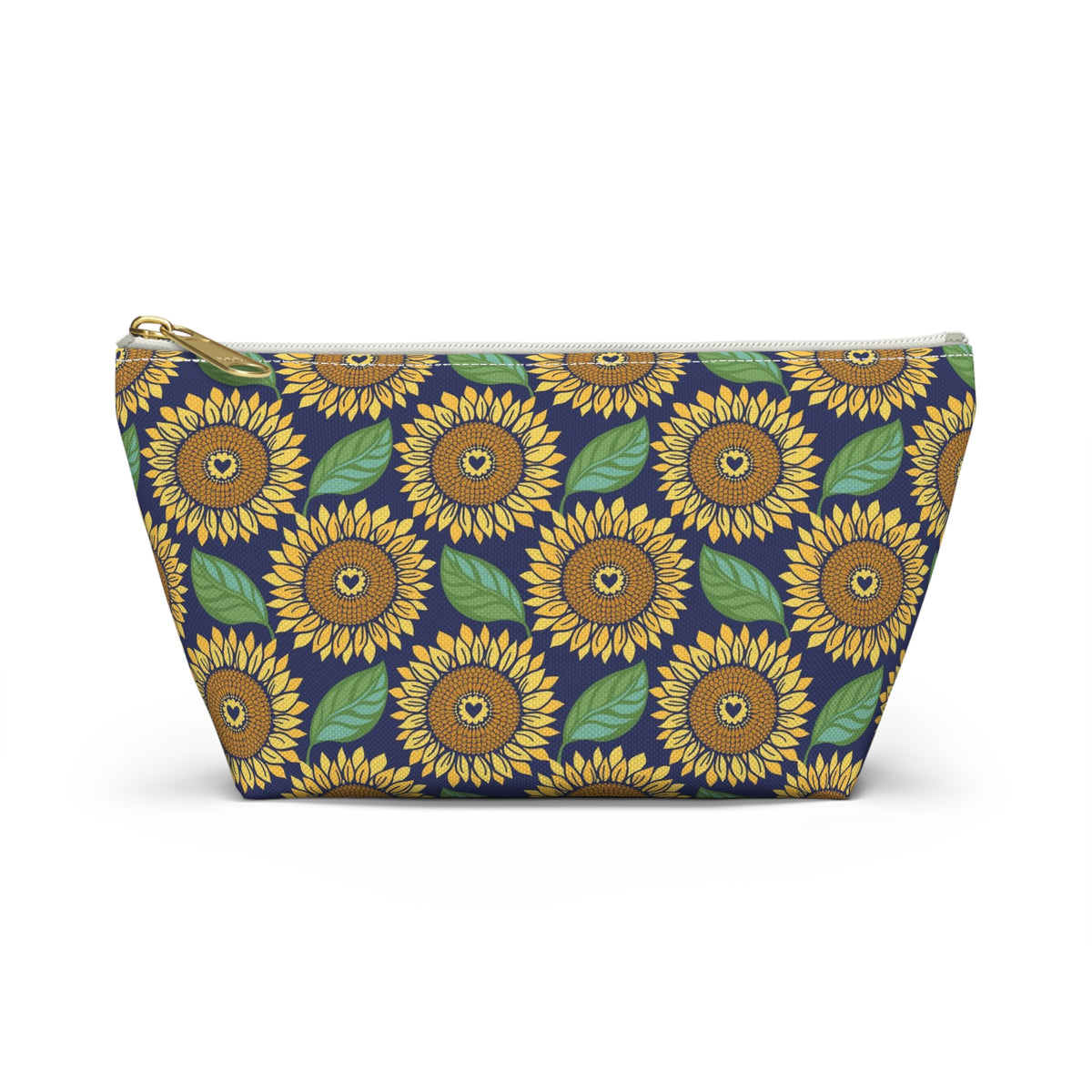 Zip pouch with golden sunflowers and green leaves on navy, white zipper, front view – Kate Spain design