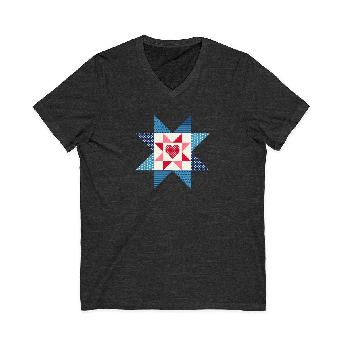 Liberty Love star quilt block with a heart in red, white and blue on a V-neck t-shirt in dark grey heather, front view – Kate Spain design for Pat Sloan