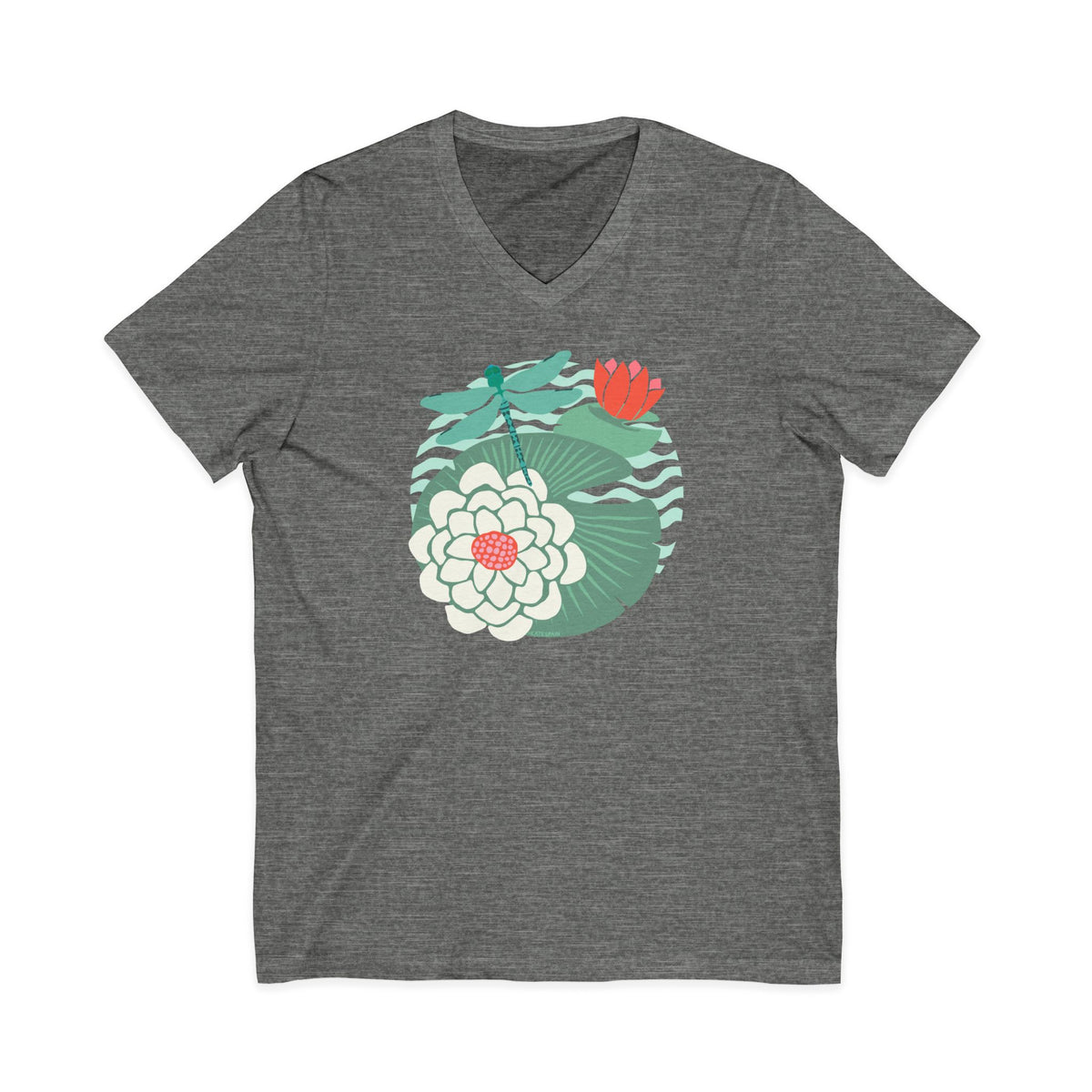 Dragonfly over water lilies and lily pads on a V-neck t-shirt in deep heather grey, front view – Kate Spain design