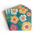 Sorrento cork-backed coaster set of four, retro yellow, white, pink and orange blooms on turquoise, coasters fanned out – Kate Spain design