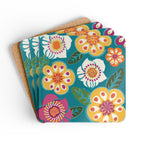 Sorrento cork-backed coaster set of four, retro yellow, white, pink and orange blooms on turquoise, coasters fanned out – Kate Spain design
