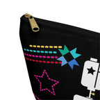 Black zip pouch with the May the ¼" Be With You sewing machine design and stars, close-up of the zipper corner – Kate Spain design for Pat Sloan