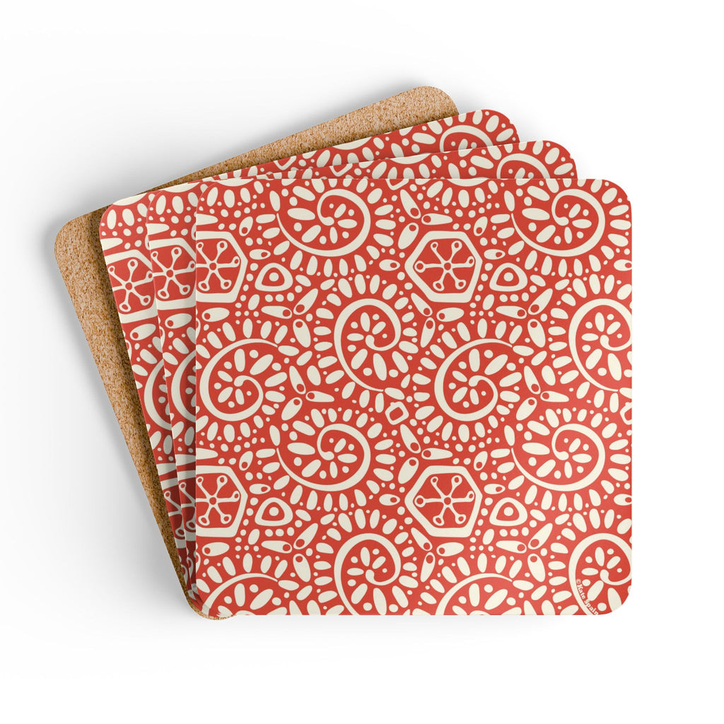 Canto Mandarin cork-backed coaster set of four, cream botanical spirals and petals on tomato red, coasters fanned out – Kate Spain design