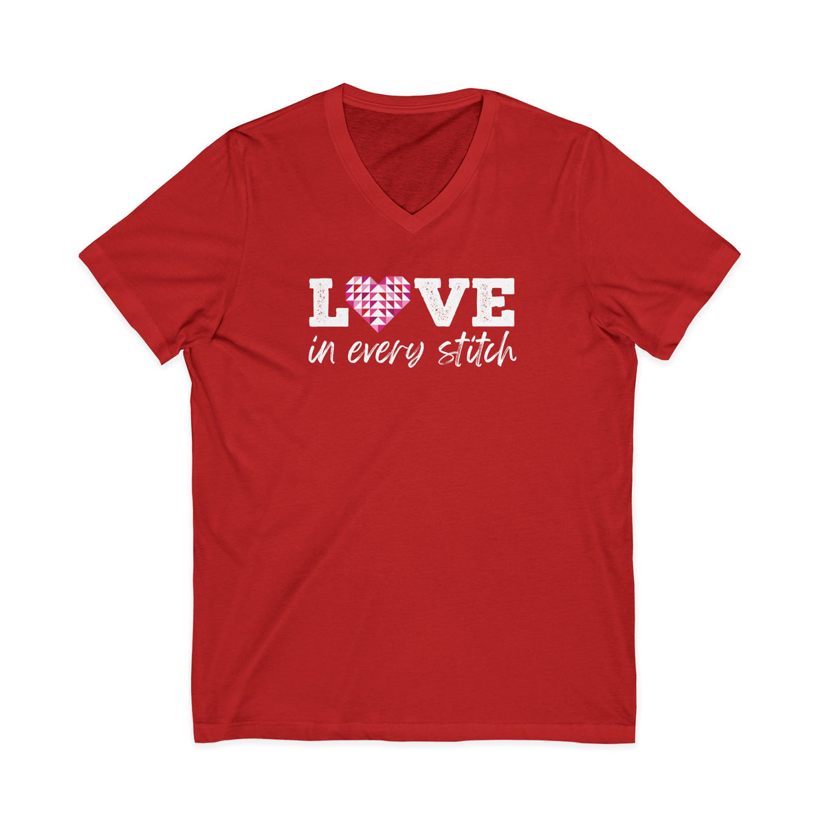 Love in Every Stitch distressed lettering on a V-neck t-shirt in red, front view – Kate Spain design for Pat Sloan