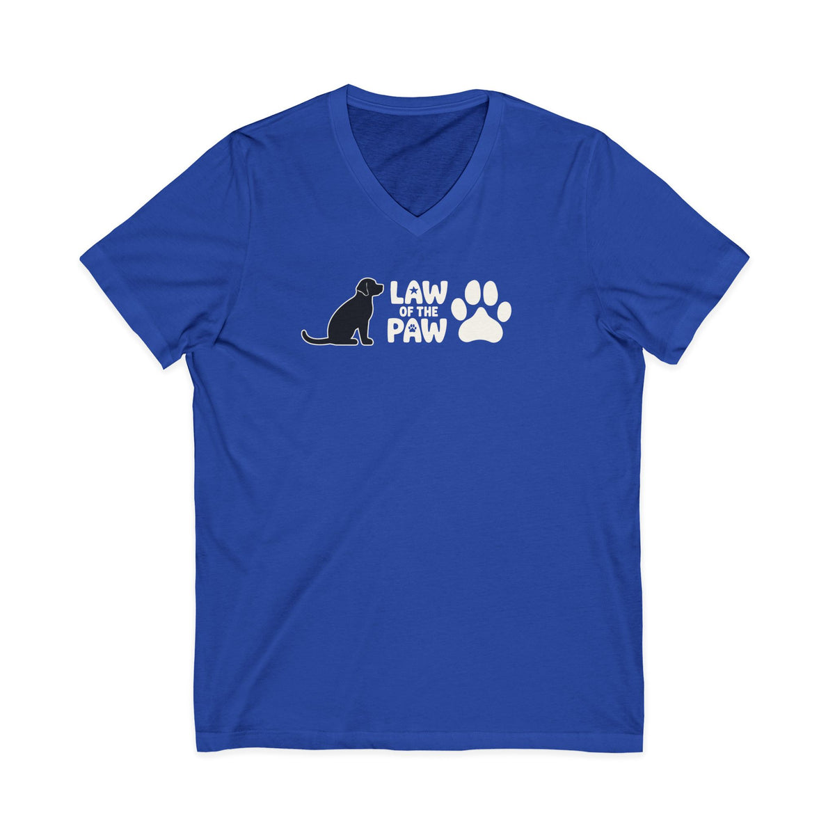 Law of the Paw® logo with seated dog and paw print on a V-neck t-shirt in royal blue, front view – Kate Spain design