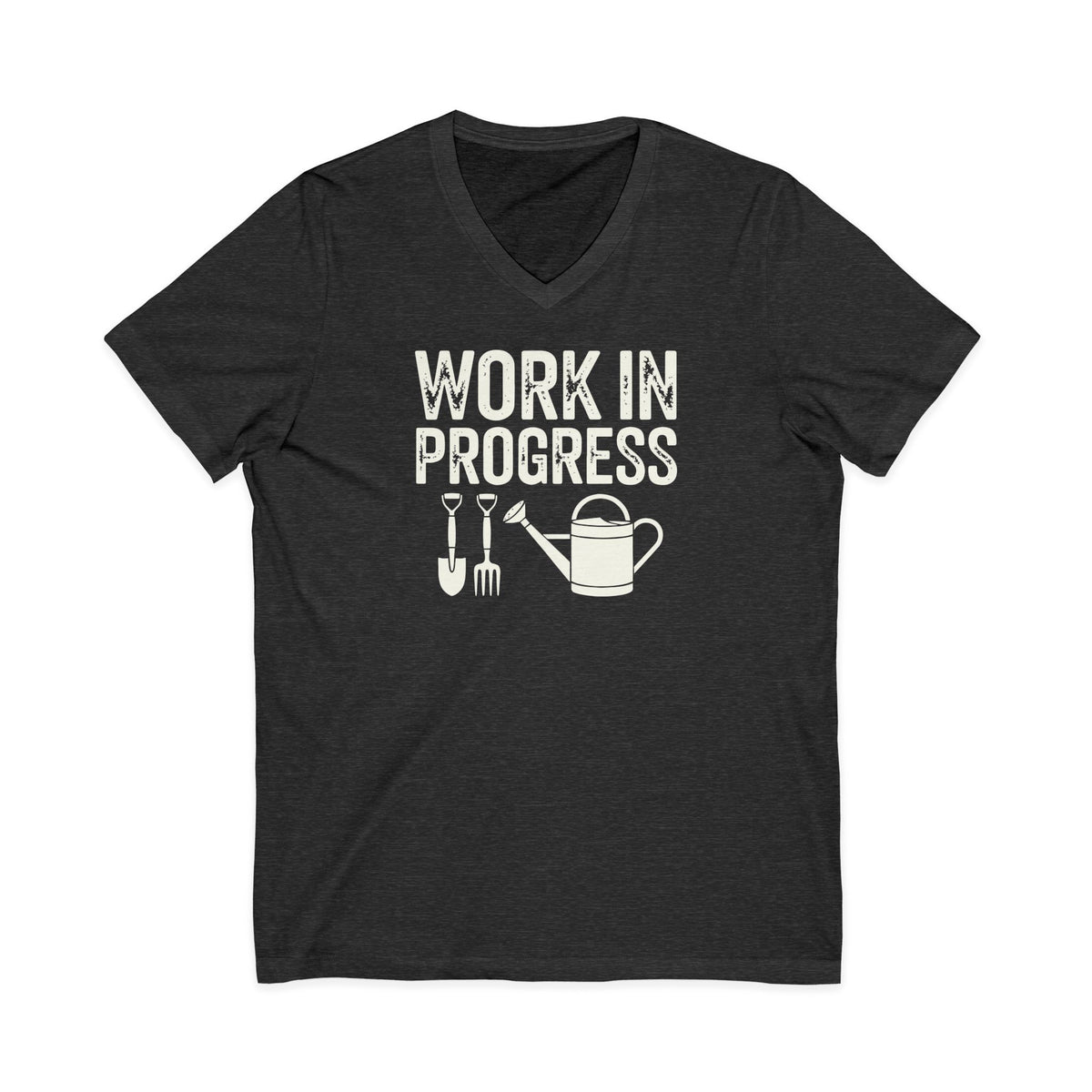 Garden Work in Progress distressed lettering with a shovel, pitchfork and watering can on a V-neck t-shirt in dark grey heather, front view – Kate Spain design