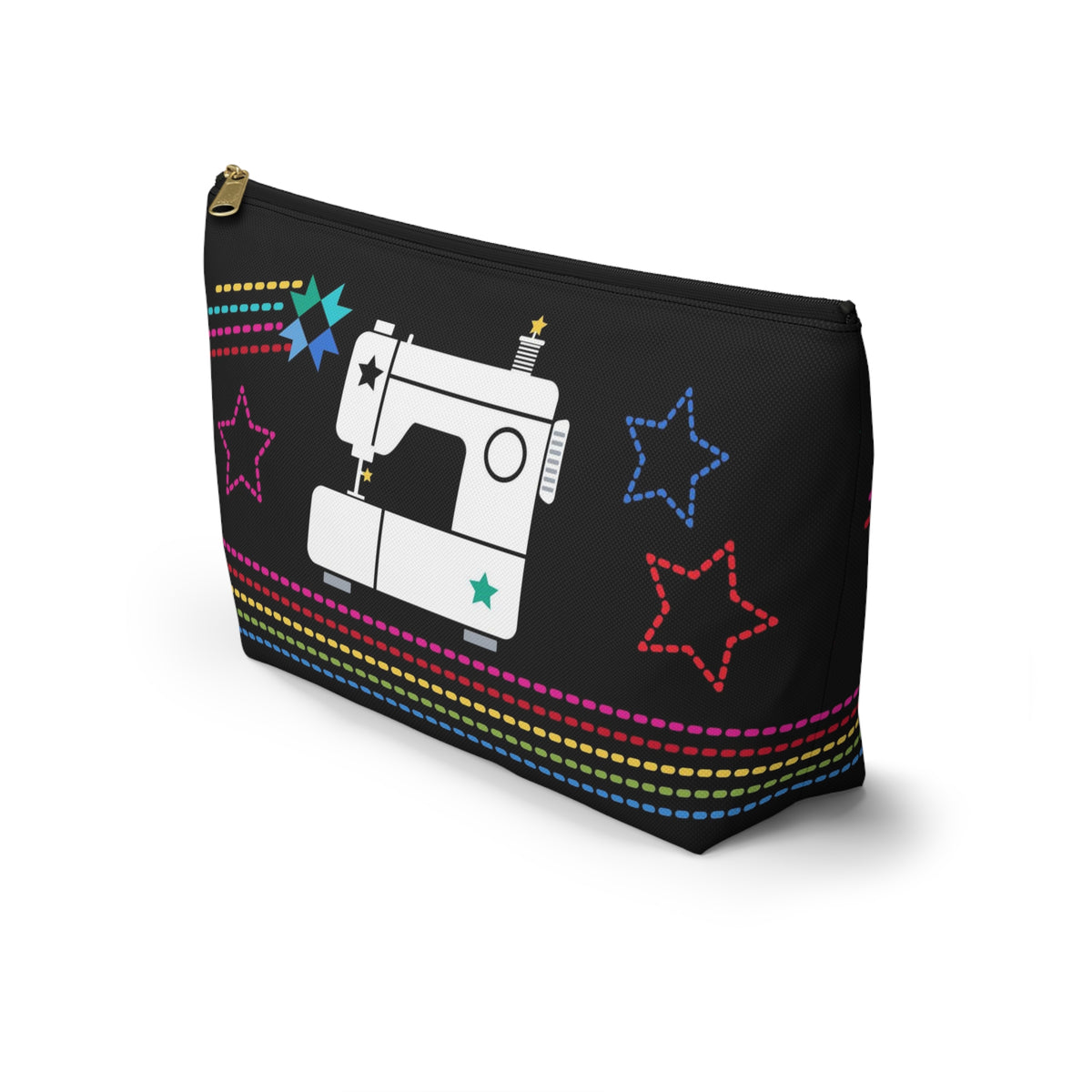 Black zip pouch with the May the ¼" Be With You sewing machine design and stars, angled front view – Kate Spain design for Pat Sloan