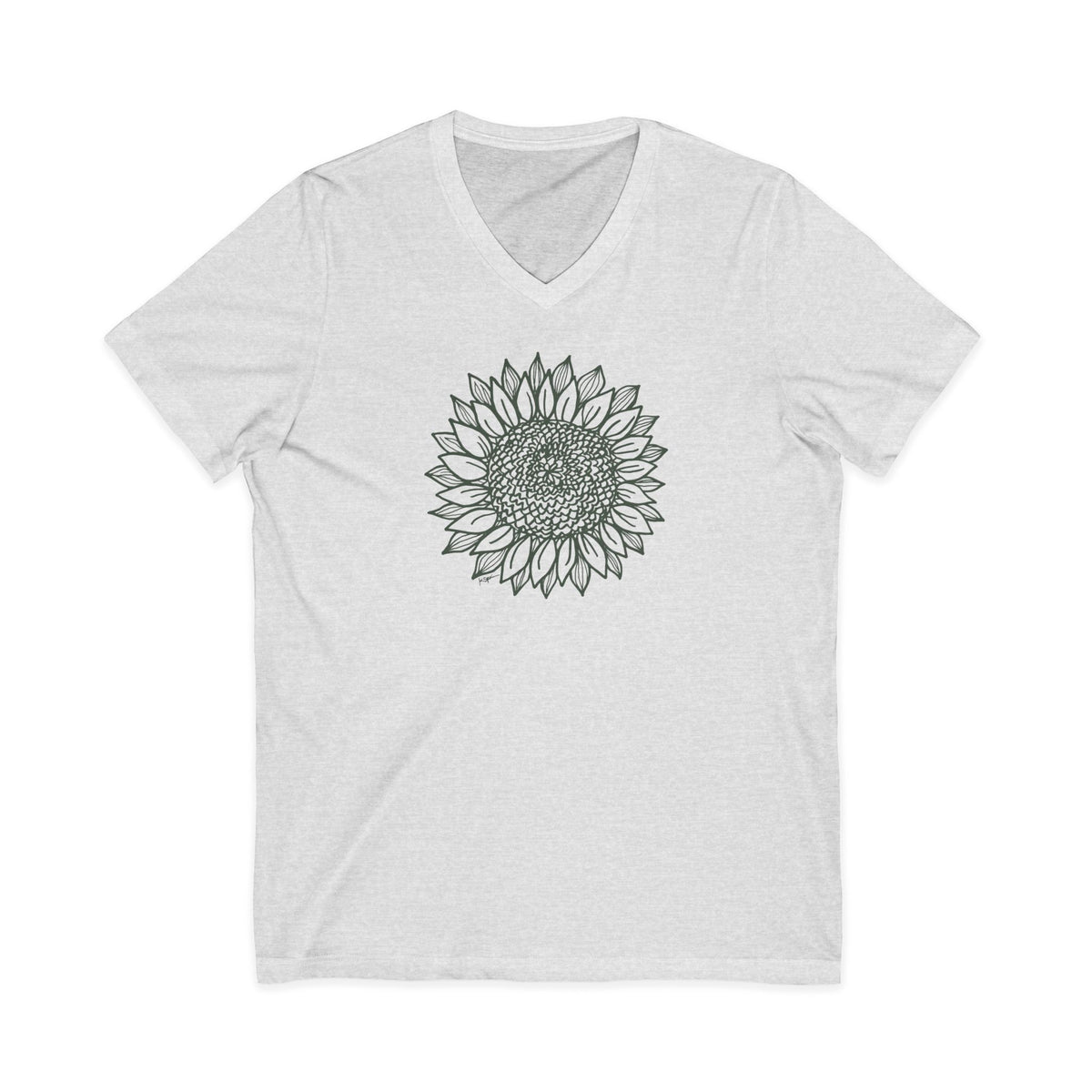 Green botanical line-art sunflower on a V-neck t-shirt in ash, front view – Sunflower by Kate Spain