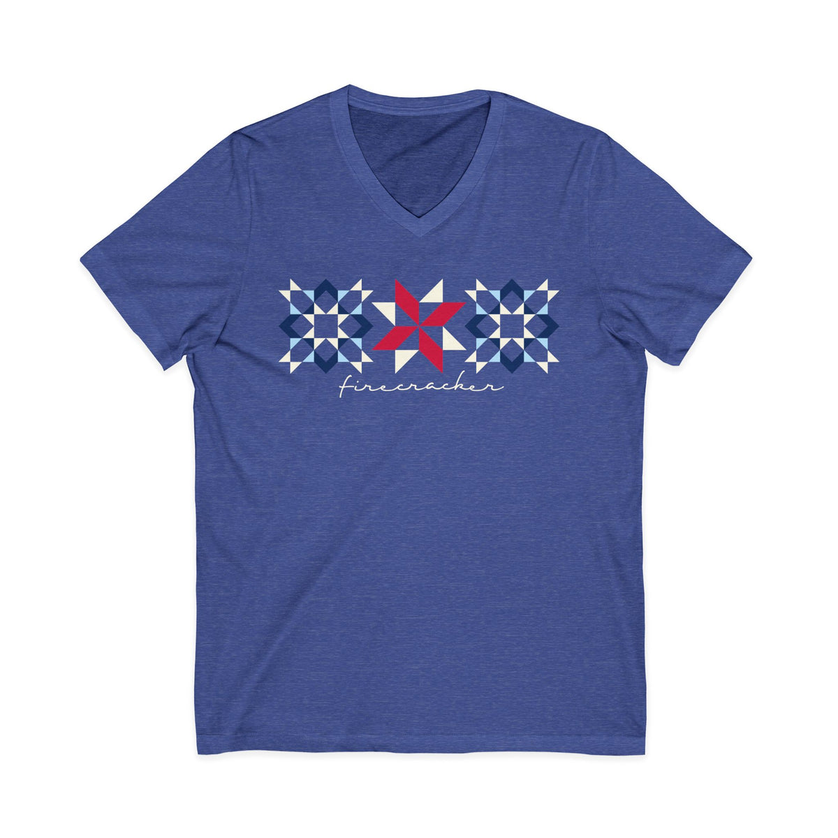 Firecracker quilt-block stars with script lettering in red, white and blue on a V-neck t-shirt in heather true royal, front view – Kate Spain design for Pat Sloan