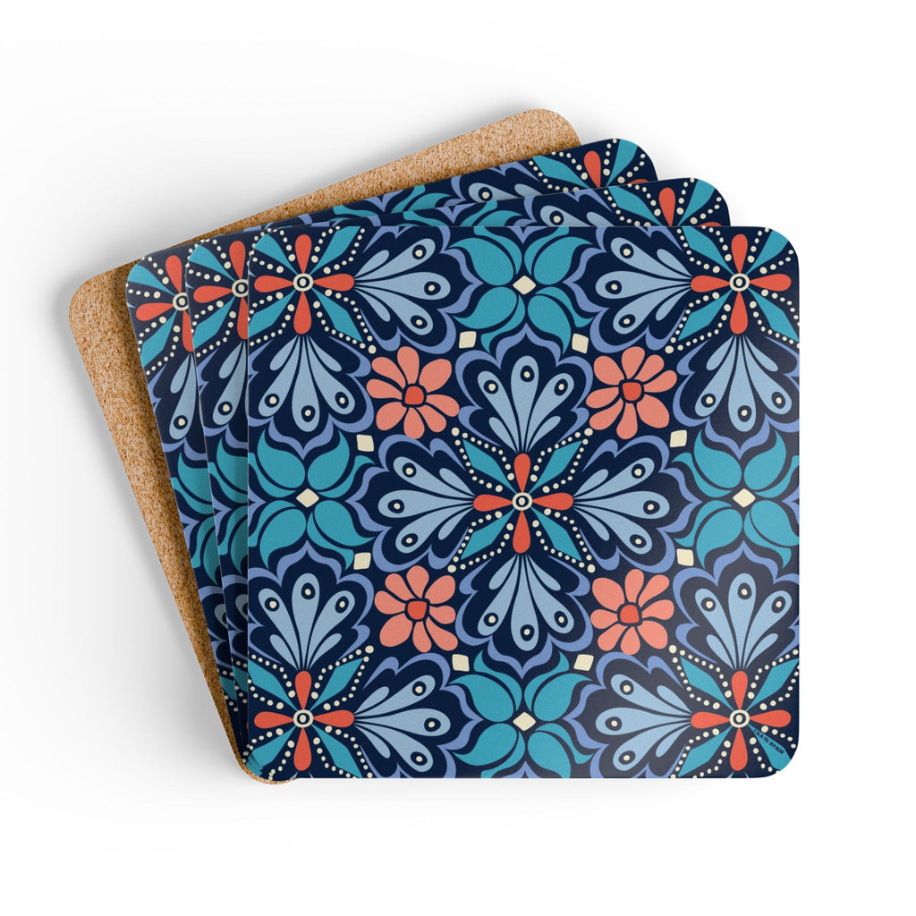 Bolero cork-backed coaster set of four, navy, teal and periwinkle fan medallions with coral daisy centers, coasters fanned out – Kate Spain design