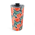 Tea Rose 20 oz insulated stainless steel tumbler, coral roses and green leaves on deep navy, front view with the flip-top closure open – Kate Spain design