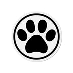Black-and-white cat paw print die-cut magnet with a circular border, product view – Kate Spain design
