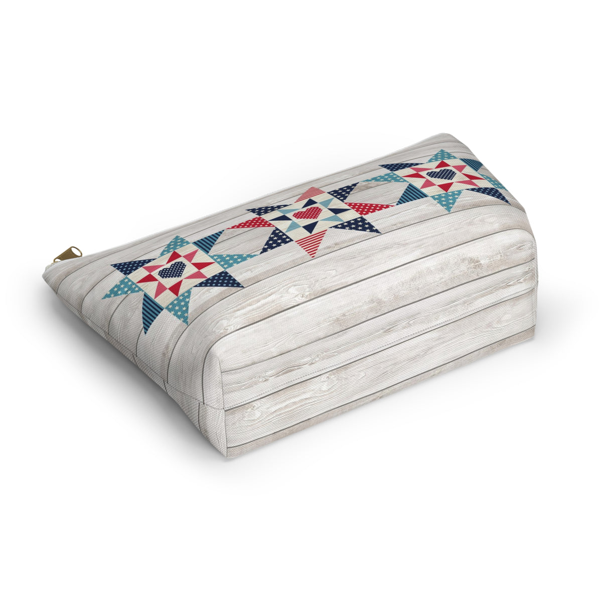 Liberty Love zip pouch with star quilt blocks on the front and hearts on the back, lying flat – Kate Spain design for Pat Sloan