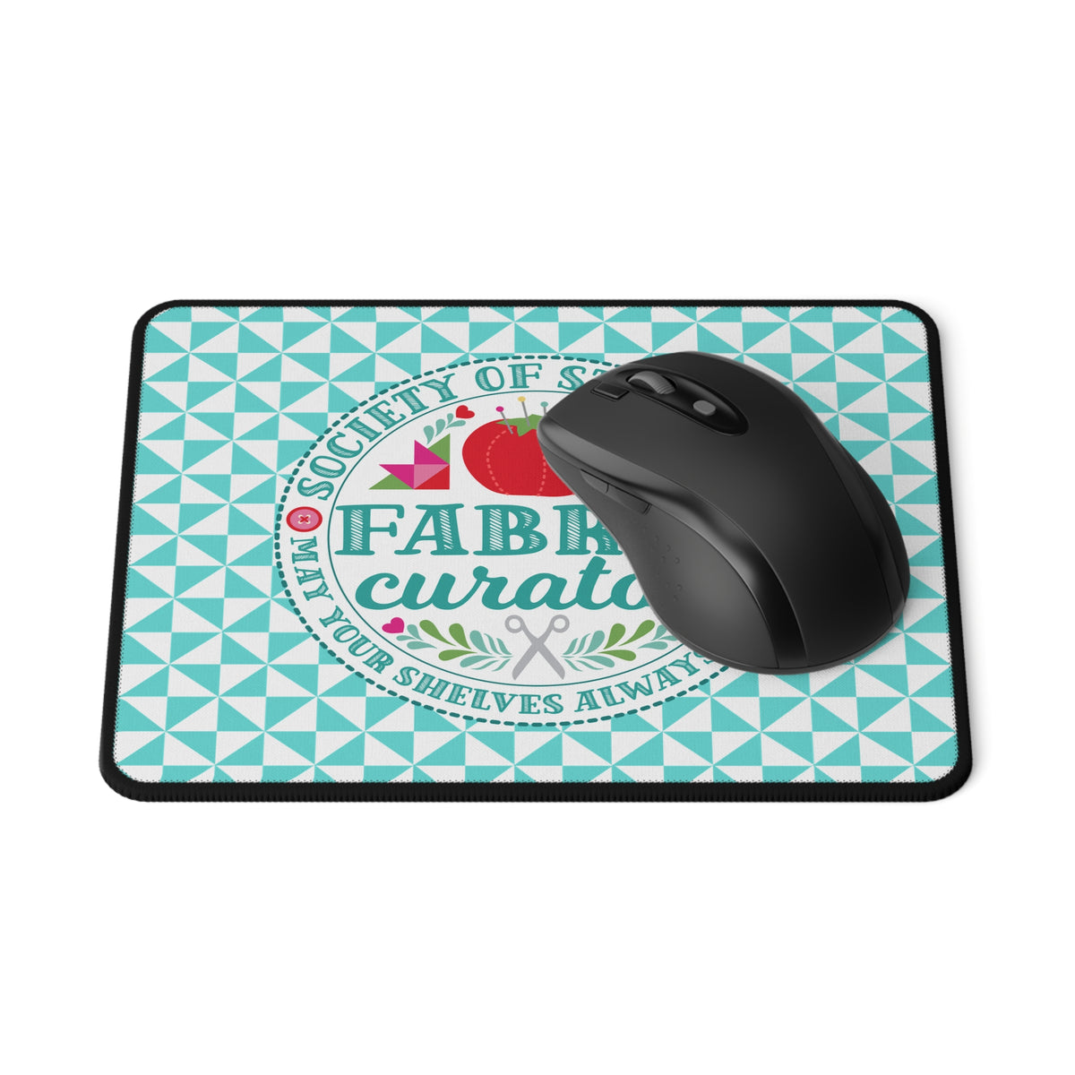 Fabric Curator Society of Stashers badge mouse pad, with a computer mouse – Kate Spain design for Pat Sloan