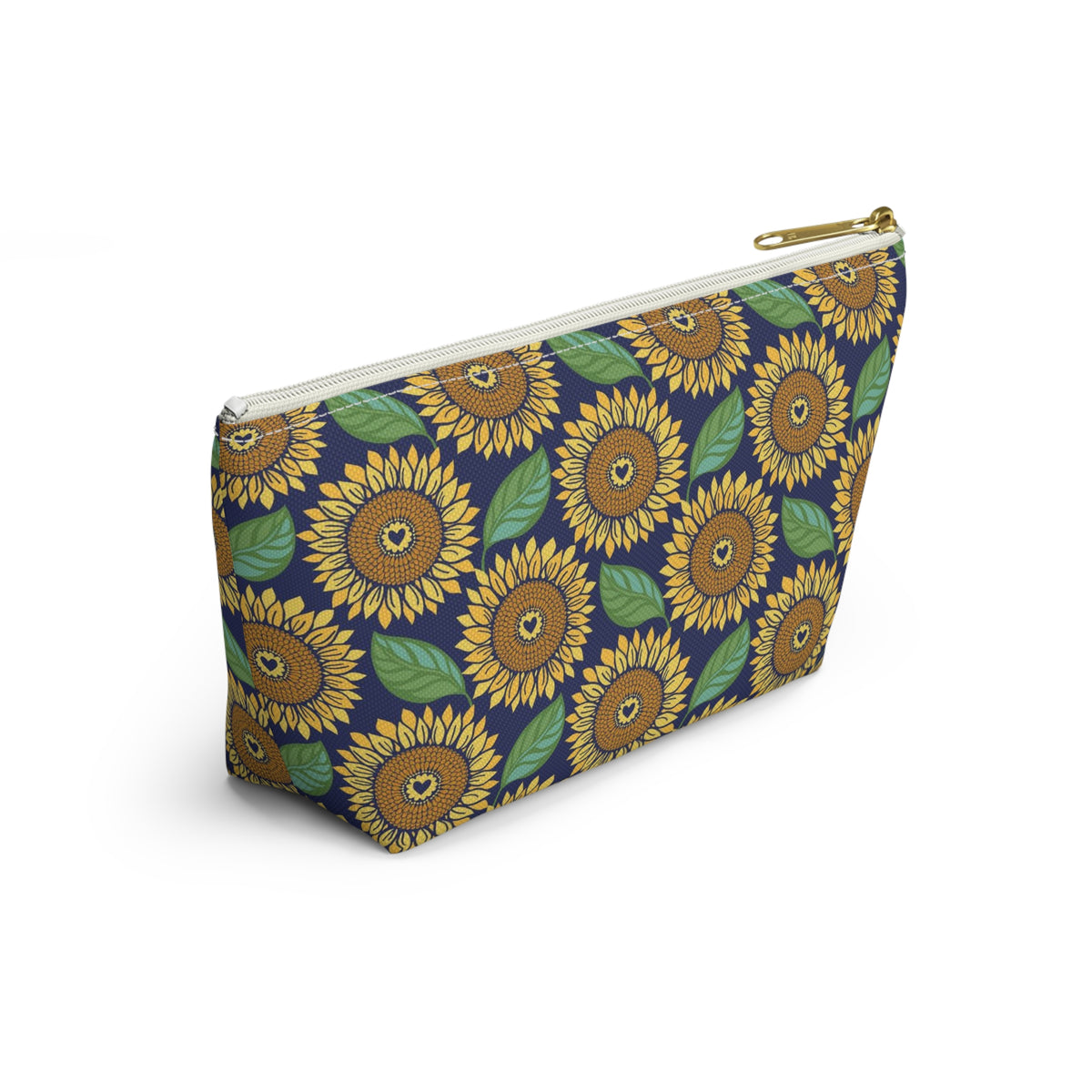Zip pouch with golden sunflowers and green leaves on navy, white zipper, angled view – Kate Spain design