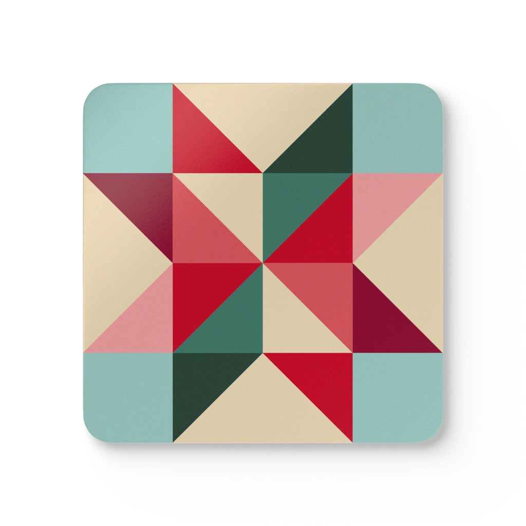 Barn Star cork-backed coaster, quilt-block barn star in red, berry, pink, teal and forest green on cream, single coaster, top view – Kate Spain design