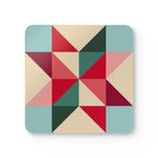 Barn Star cork-backed coaster, quilt-block barn star in red, berry, pink, teal and forest green on cream, single coaster, top view – Kate Spain design