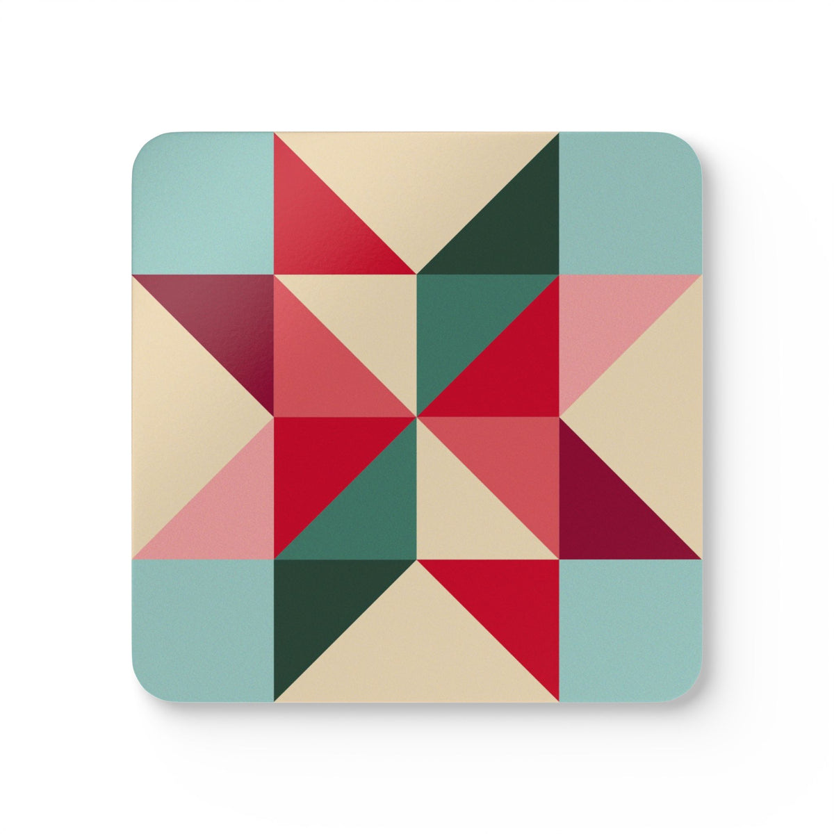 Barn Star cork-backed coaster, quilt-block barn star in red, berry, pink, teal and forest green on cream, single coaster, top view – Kate Spain design