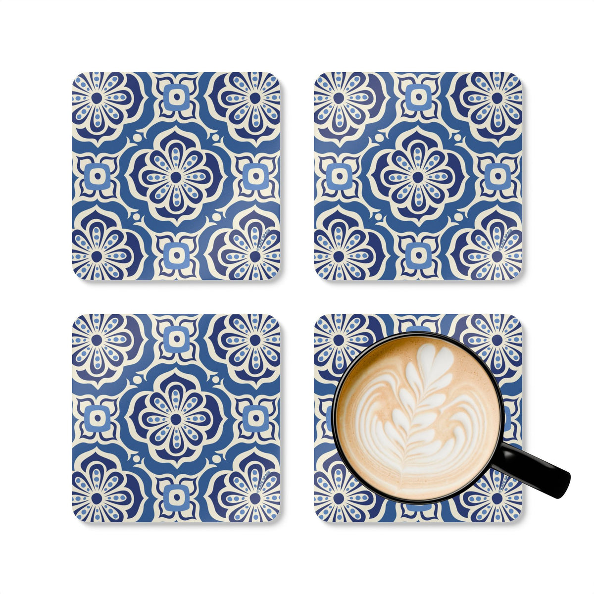 Alhambra Navy cork-backed coaster set of four, Mediterranean tile medallions in navy, cream and cornflower blue, four coasters with a latte mug – Kate Spain design