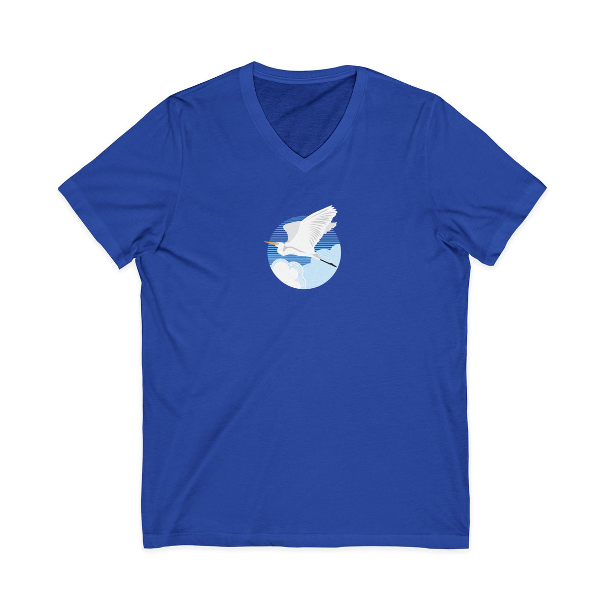 Great egret in flight against a blue circle on a V-neck t-shirt in royal blue, front view – Kate Spain design
