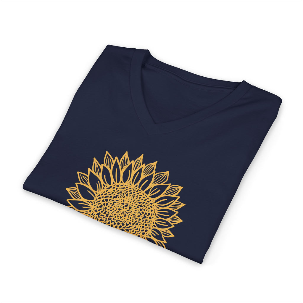 Gold botanical line-art sunflower on a V-neck t-shirt in navy, folded close-up of the design – Sunflower by Kate Spain