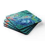 Oceana Crab cork-backed coaster set of four, blue crab among seaweed, coral and tropical fish on teal, stacked set, angled view – Kate Spain design