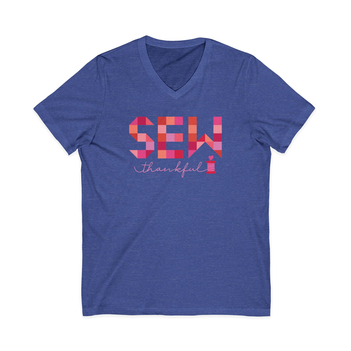 Sew Thankful patchwork lettering with a heart-topped thread spool on a V-neck t-shirt in heather true royal, front view – Kate Spain design for Pat Sloan