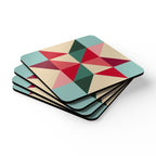 Barn Star cork-backed coaster set of four, quilt-block barn star in red, berry, pink, teal and forest green on cream, stacked set, angled view – Kate Spain design