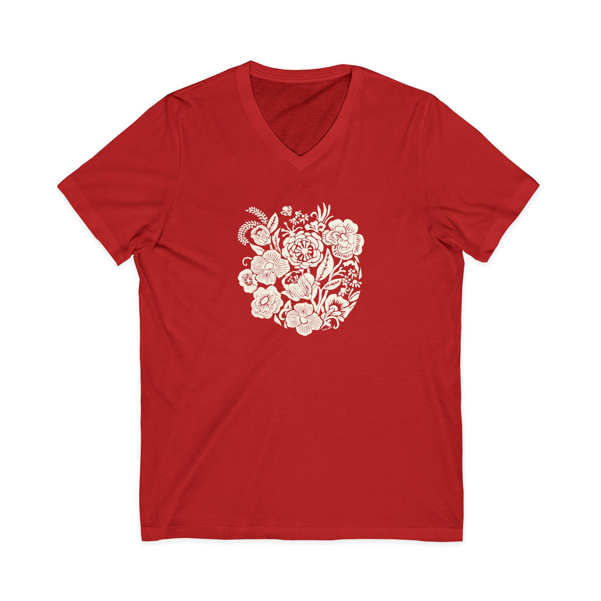 Meadowsweet woodblock-style bouquet of wildflowers on a V-neck t-shirt in red, front view – Kate Spain design