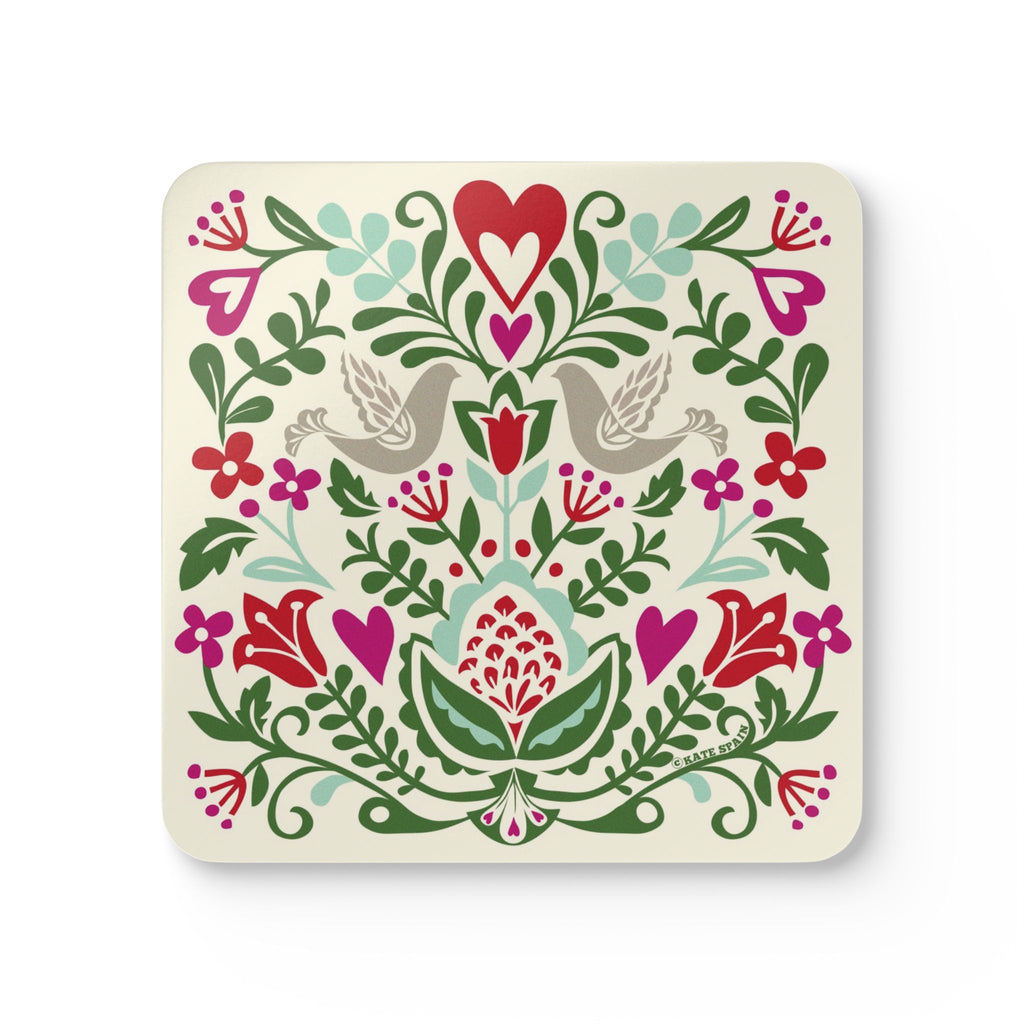 Rosemaling Snow cork-backed coaster, folk-art doves, heart and tulips in red, magenta, green and aqua on cream, single coaster, top view – Kate Spain design