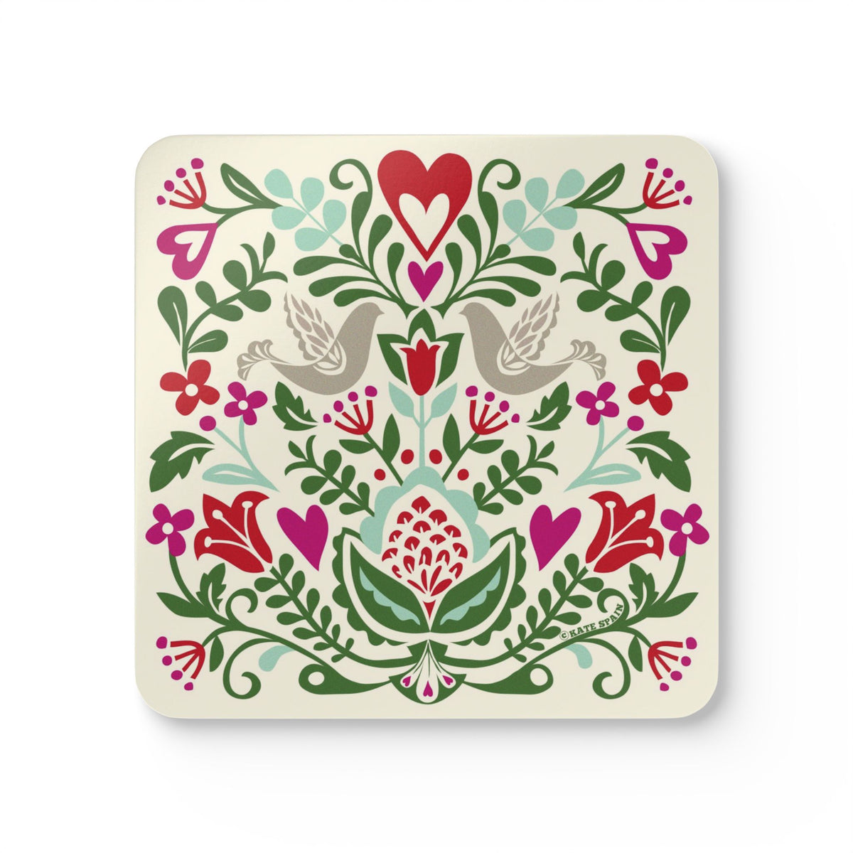 Rosemaling Snow cork-backed coaster, folk-art doves, heart and tulips in red, magenta, green and aqua on cream, single coaster, top view – Kate Spain design